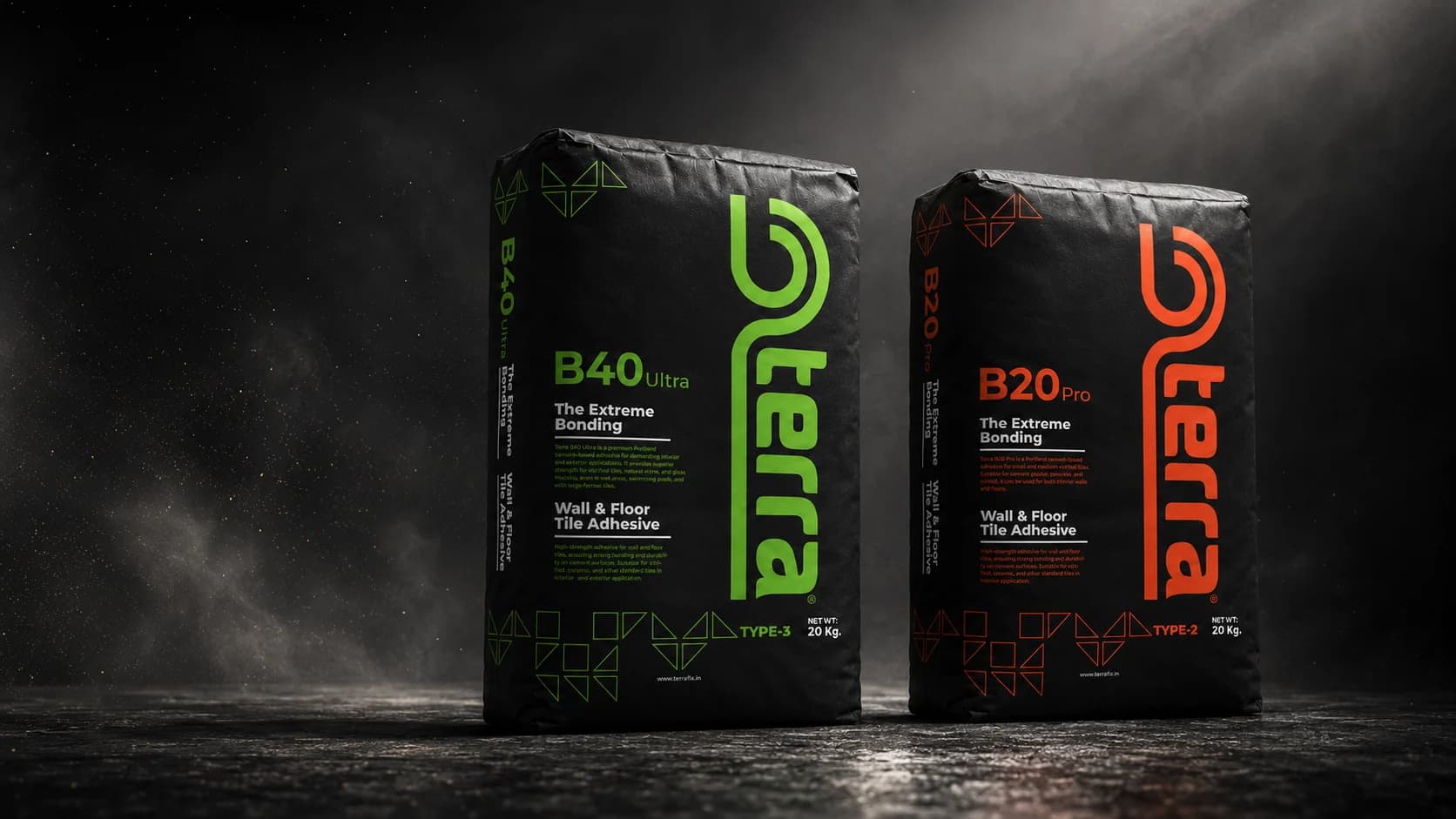 Terra B40 Ultra and B20 Pro tile adhesive bags in a dark industrial setting