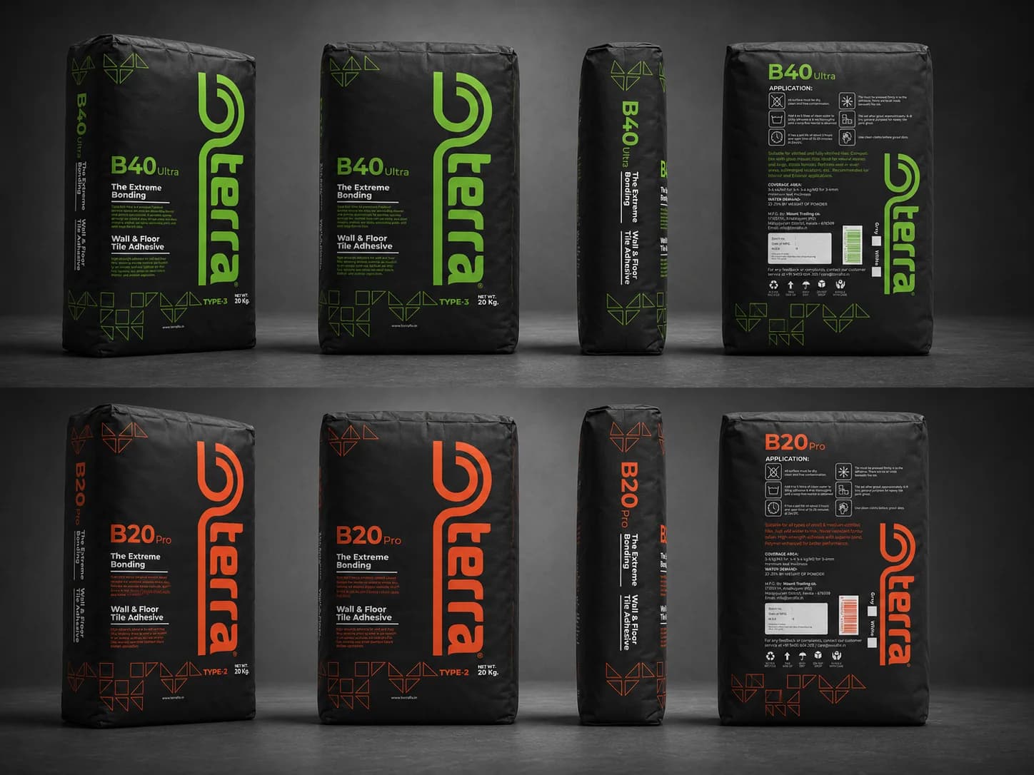 Front, side, and back views of Terra B40 Ultra and B20 Pro packages