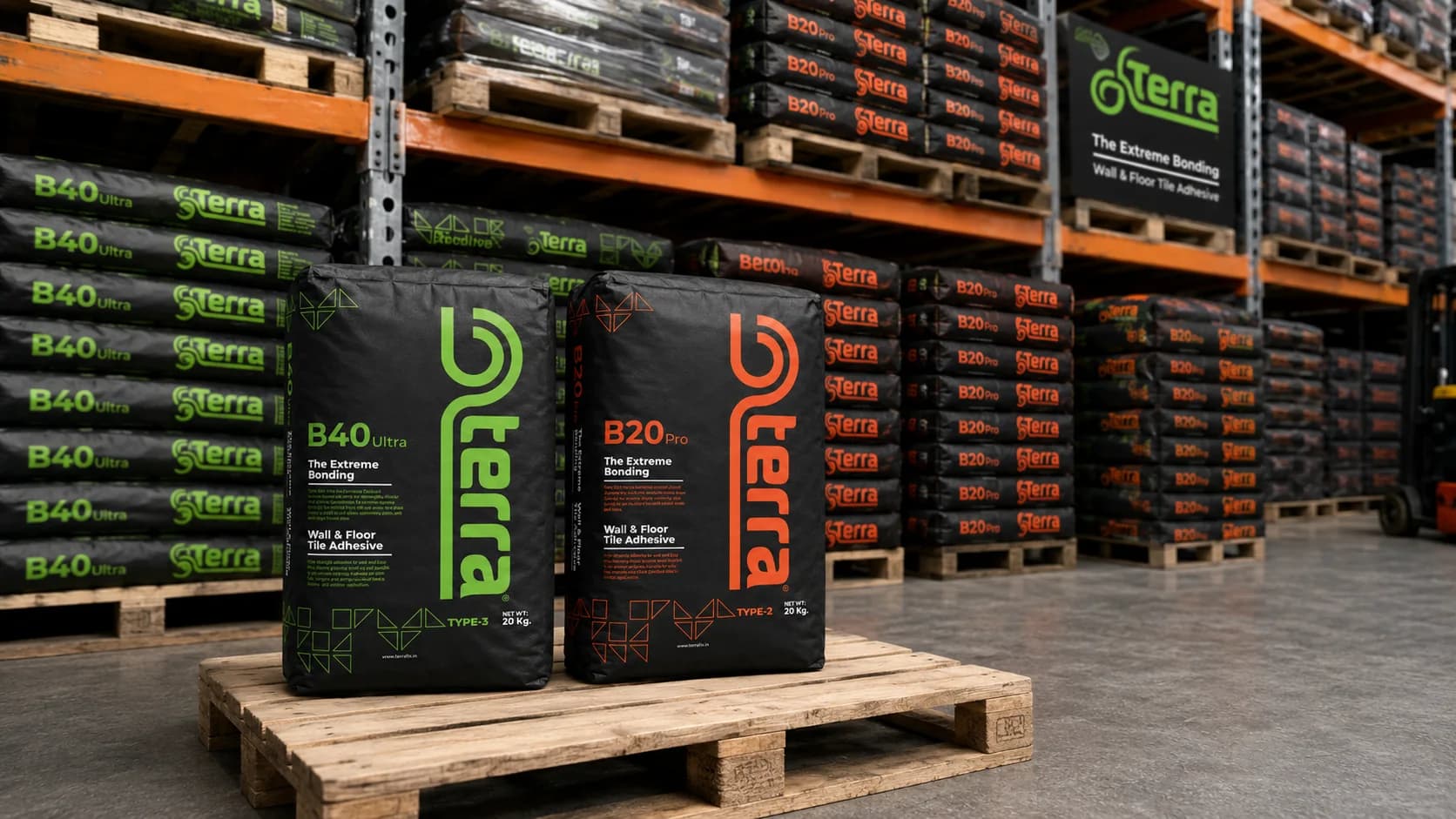 Terra tile adhesive bags prepared for dealer and project supply in a warehouse