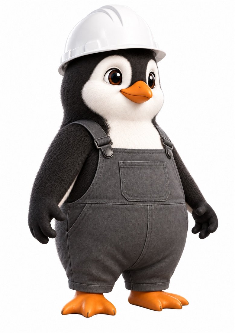 The original TERRA penguin mascot, in grey overalls and a white hard hat, facing the product guidance