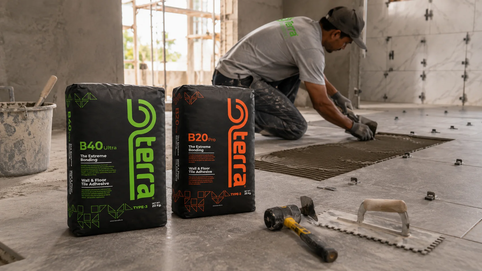 Tile installer spreading adhesive with TERRA products nearby
